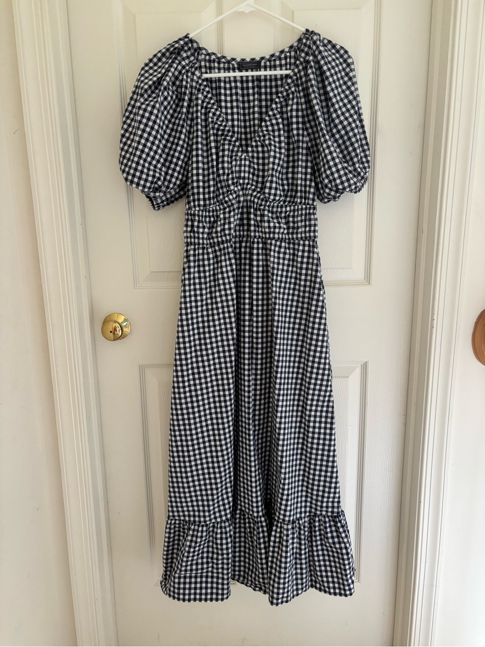 Vineyard Vines Navy and White Gingham Puff Sleeve Maxi Dress